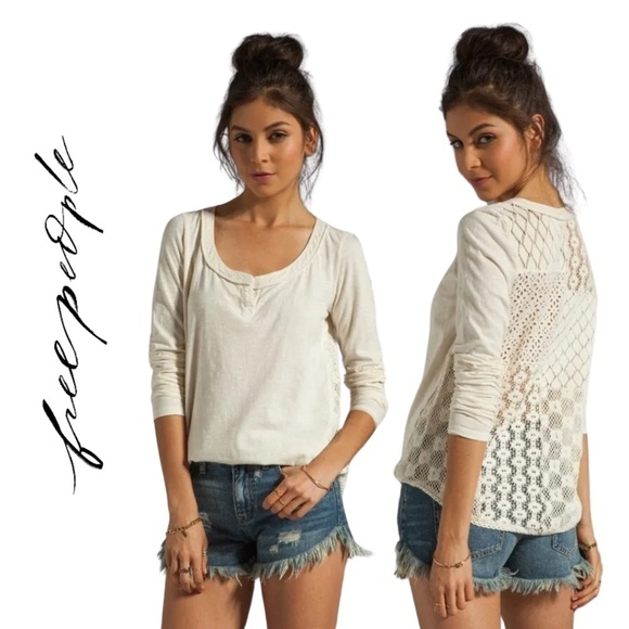 Free People Tops - Free People Boho Patches of Lace Henley, Cream, Size L